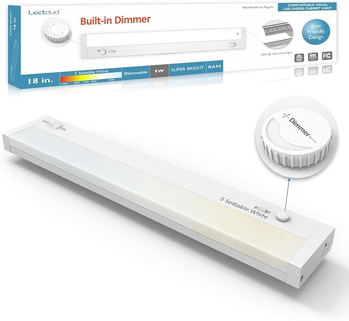 Leetdud Under Cabinet Lighting Plug in or Hardwired Built-in Dimmer, 18 Inch 9W by Leetdud