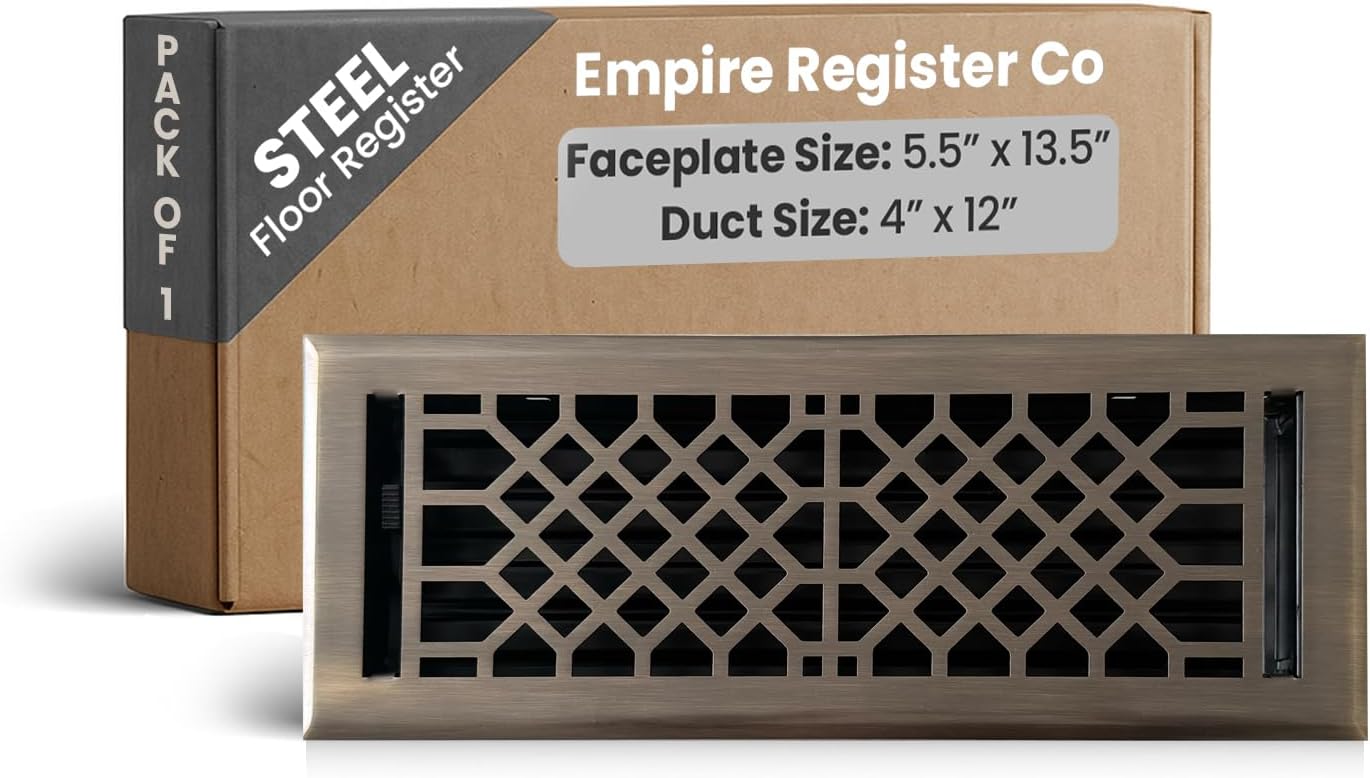 Empire Register Co Vent Cover - 4x12 Inches Floor Registers Air Vent Covers for Home Floor, Heavy Duty Walkable Antique Style Design Brass Finish Air Vents with Metal Damper Attached, HVAC Vent Covers