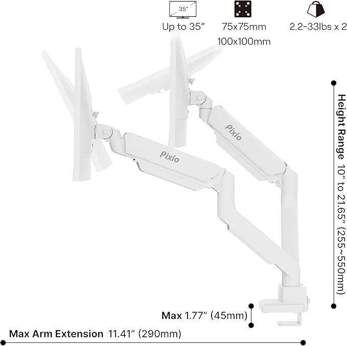 Pixio PS2D White Ultrawide Heavy-Duty Premium Dual Monitor Arm Stand Desk Mount - Image 4