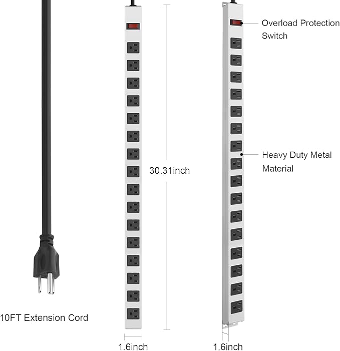 JUNNUJ Metal 16 Outlet Power Strip, Mountable Heavy Duty Power Strip, 1200J - Image 6