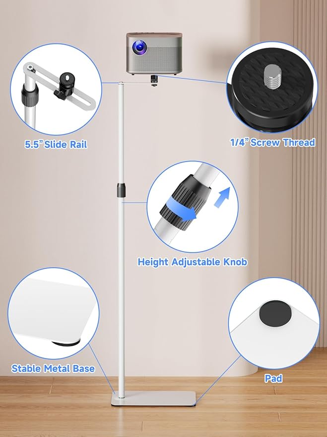 suptek 63.9” Extendable Projector Stand Against Wall Hidden Stand, 360°Swivel - Image 6
