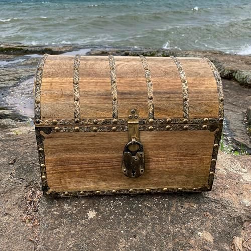 nautical cove antiqued finished wood treasure chest with, front angle view