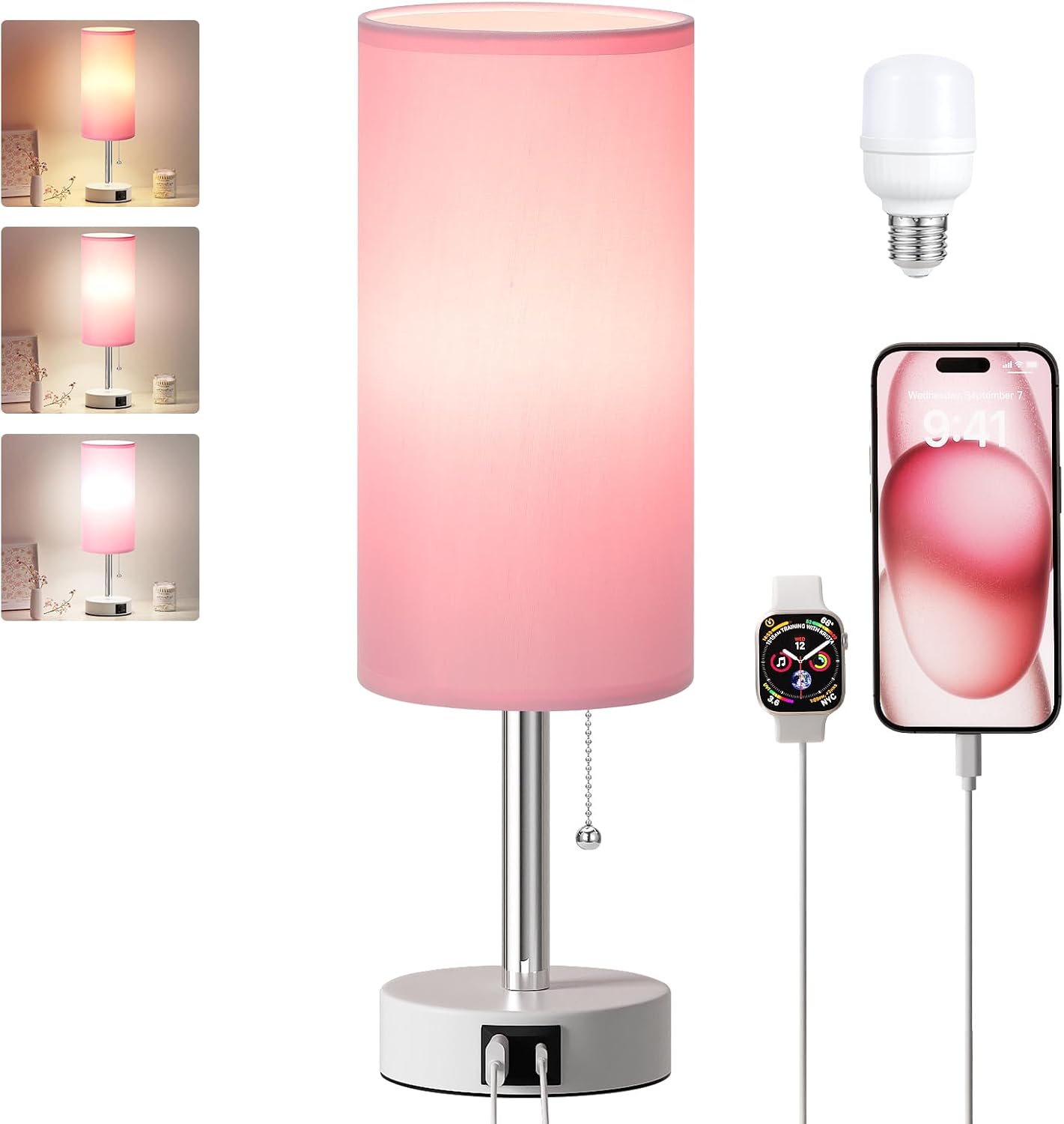 Dicoool Pink Bedside Table Lamp for Girls Bedroom - USB A+C Charging Ports | 3 Color Temperatures, Bulb Included, Pink Fabric Shade, White Metal Base, Cute Pink Room Decor, 14" Desk Lamp for Kids Dorm