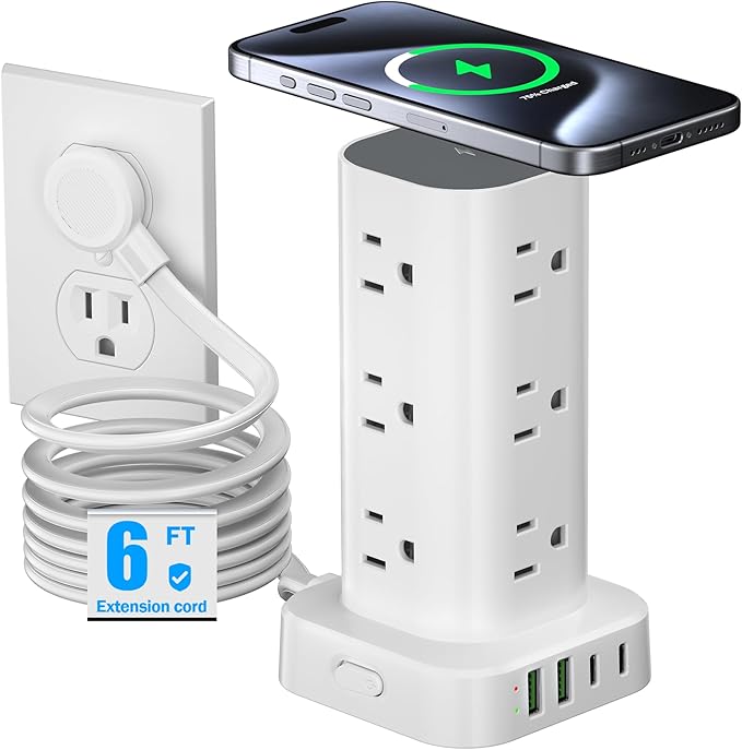 Tower Power Strip with 15W Wireless Charger, 6FT Flat Plug Extension Cord with by Unknown