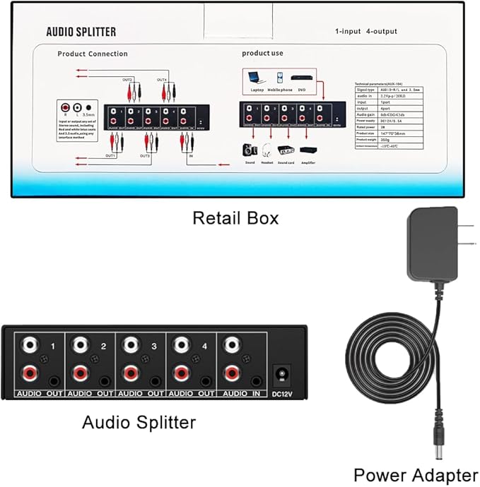 FlyroadUp 3.5mm Aux + RCA L/R Audio Splitter 1 in 4 Out Stereo Analog Audio - Image 7