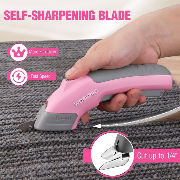 WORKPRO 4V Cordless Electric Scissors, 2 Blades, Rechargeable Power Shears | Cuts Fabric, Leather, Carpet & Cardboard, Lightweight Ergonomic Design for DIY, Crafts & Home Projects, Includes Storage Case