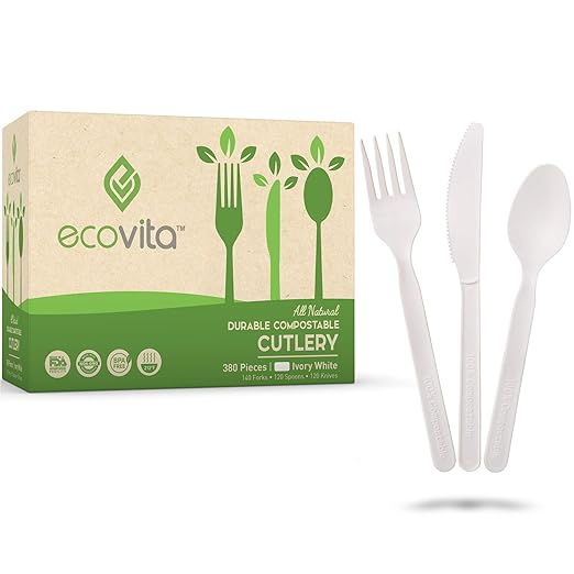 Ecovita 100% Compostable Forks Spoons Knives Cutlery Combo Set by Ecovita