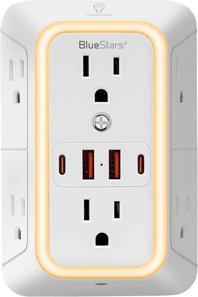 Wall Mount Power Strips Wall Charger 6 Outlet Extender 4 USB Ports and Night by BlueStars