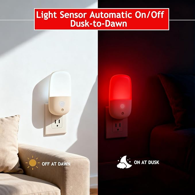 670nm Red Light Night Light for Sleep Therapy, 2 Pack Auto On/Off Dimmable - Image 5