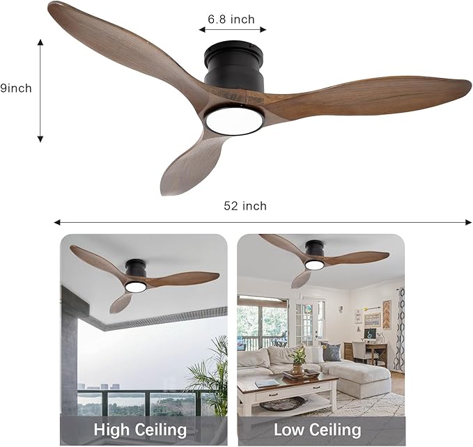 revoici 52'' Ceiling Fan with Lights and Remote, 3 Blade Amber Wood Low Profile - Image 6