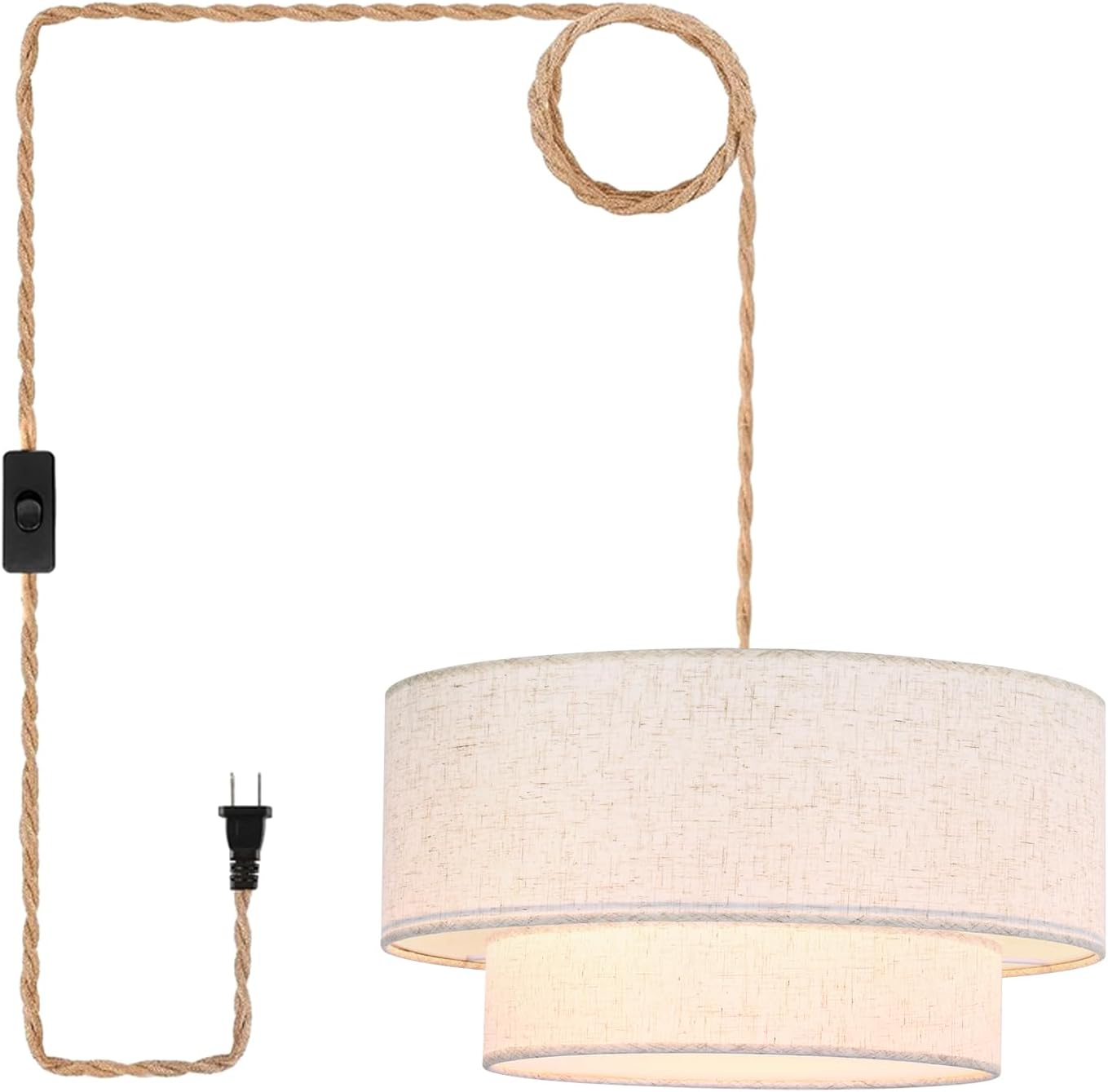 Plug in Pendant Light, 2-Tier Drum Linen Pendant Lights with 15.7FT Handmade Woven Light Cord，17.7" Plug in Chandelier for Dining Room Kitchen Island and Bedroom