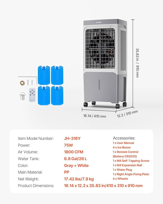 VEVOR Evaporative Air Cooler & Swamp Cooler, 1800 CFM Air Conditioner - Image 7