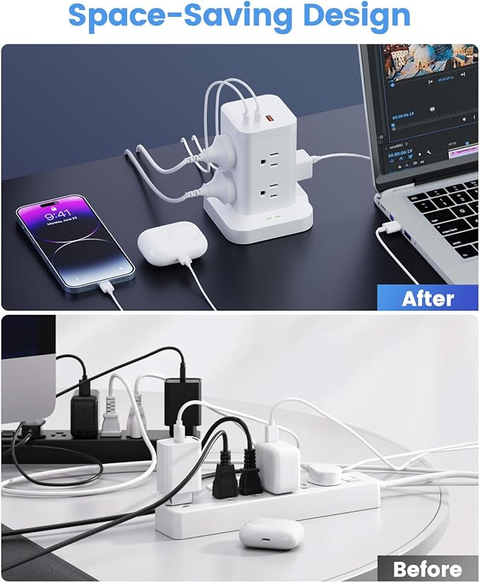 Power Strip Tower with Surge Protector 1800J, Fast Charging Tower PD20W USB-C - Image 6