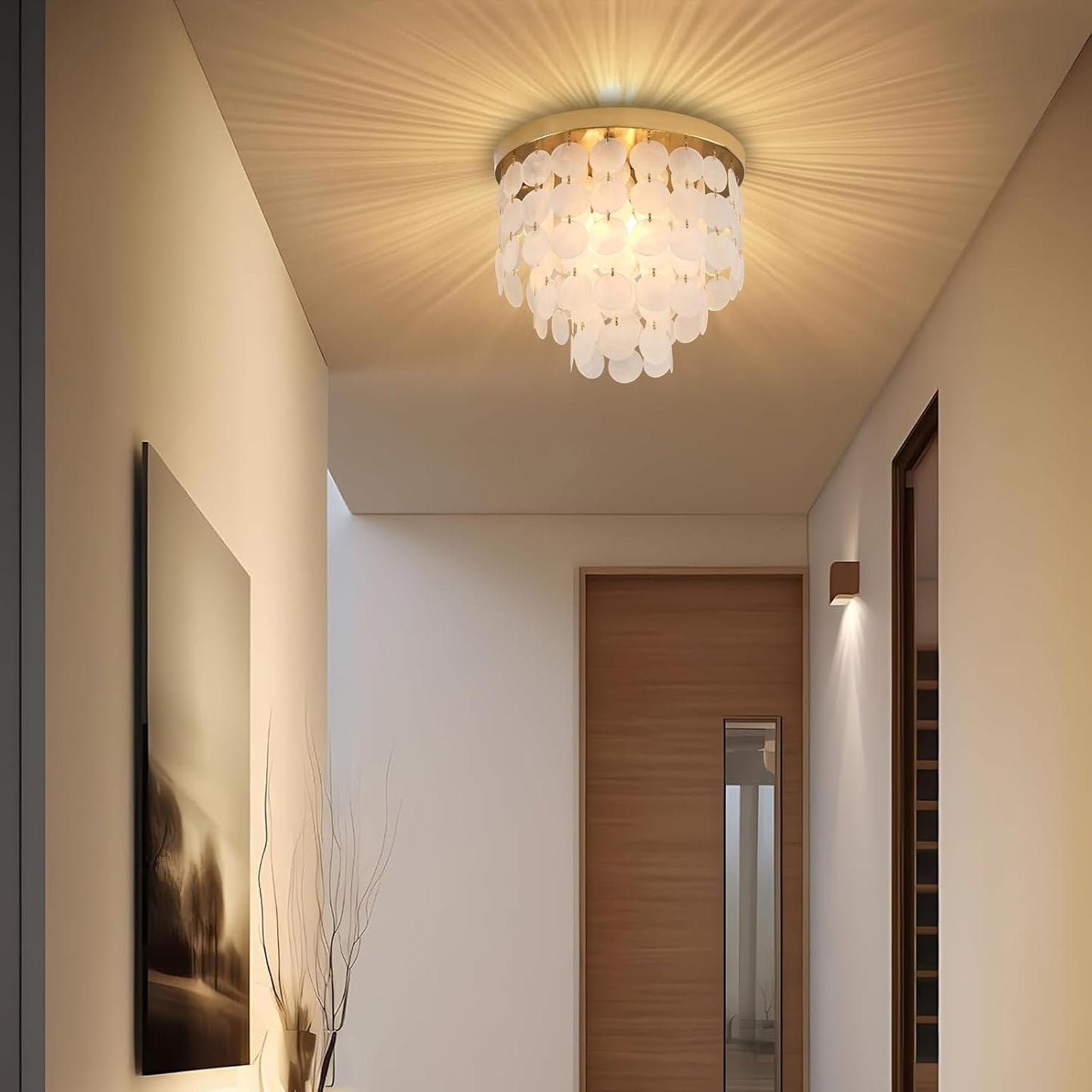 Capiz Shell Chandelier with 3 Tier Shell H12.3'' x D13.8'' Gold Metal Light Fixtures Flush Mount Chandeliers Modern Lighting Fixture for Bedroom Bathroom Office,(More Additional Shell Parts Included)