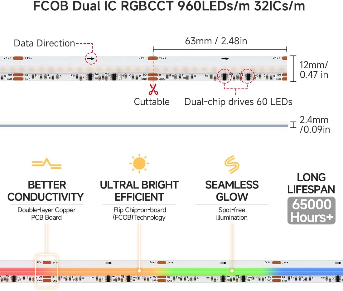 BTF-LIGHTING 16.4FT WS2811 Dual IC Chasing RGBCCT DC24V COB LED Strip Light | UL Listed High Density 960LEDs/m Chasing IC RGB Light+Tunable White 3000K-6000K,12mm Width 3M Tape(No Adapter or Controller)