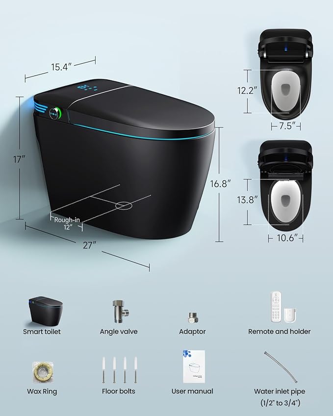 WANSID Black Smart Toilet with Bidet Built In, Auto Open/Close Lid, Heated Seat - Image 8