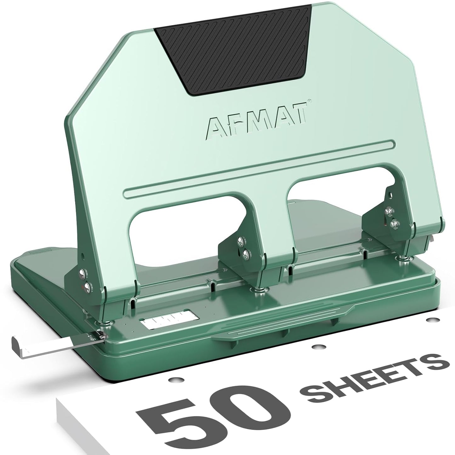 AFMAT 3 Hole Punch Heavy Duty, 9/32" Hole Diameter, 50-Sheet 3 Hole Puncher for Binder, 50% Reduced Effort, Metal Three Hole Punch w/ 10,000+ Uses, Bulit-in S.S. Paper Guide, Large Chip Tray, HPX5