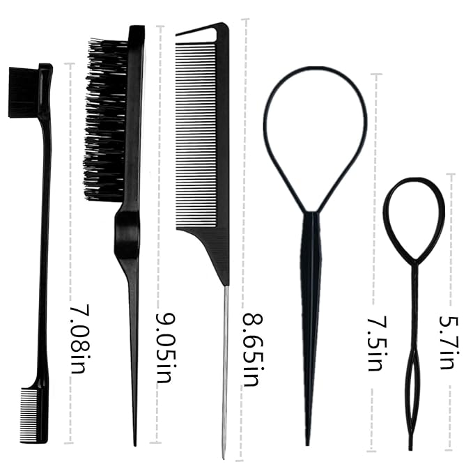 5Pcs Slick Back Brush Set with Topsy Tail Tool, Teasing Bristle, Rat Comb - Image 9