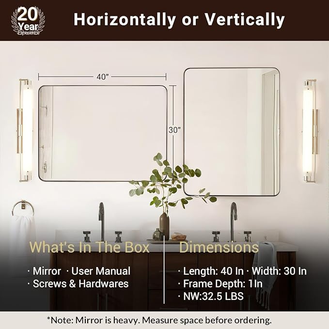 ANDY STAR Bathroom Mirrors for Wall, Rounded Rectangle Mirror, Framed in - Image 4
