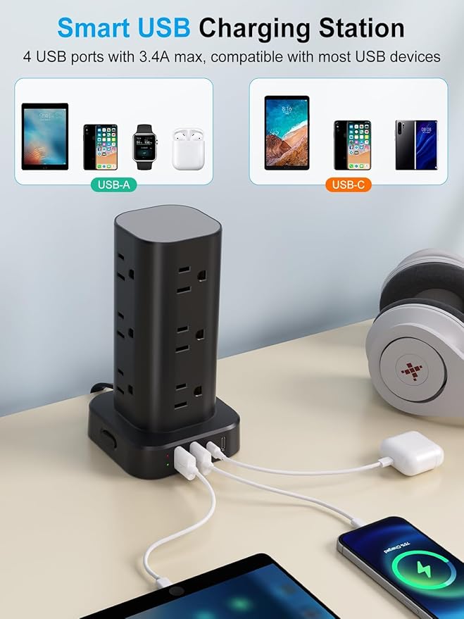 Power Strip Tower with Multiple Outlets, Flat Plug Surge Protector Tower - Image 4