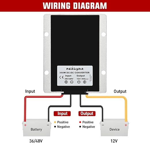 Nilight 48V 36V to 12V Voltage Converter 360W 30A Regulator Step Down to 12VDC - Image 3