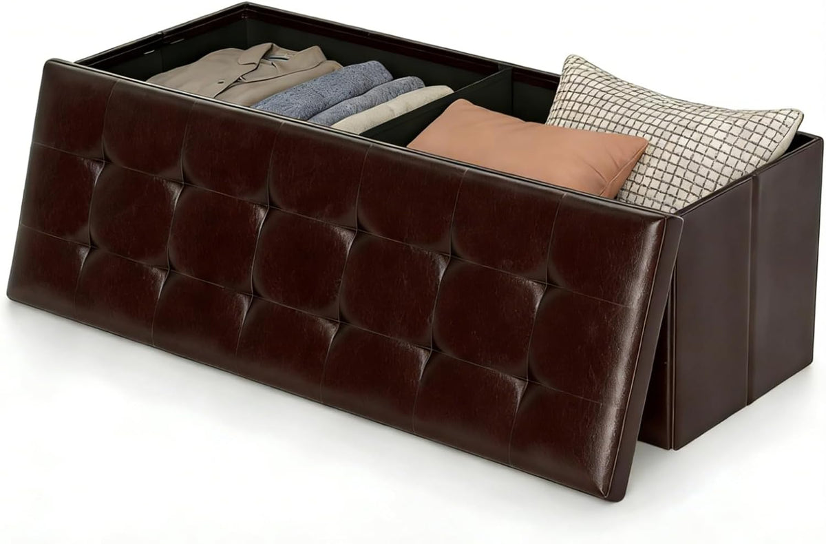 43" folding storage ottoman bench, faux leather storage, main product view