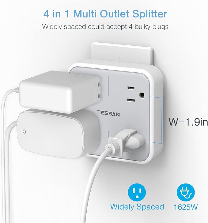 Multi Plug Outlet Splitter, TESSAN Widely Spaced Outlet Extender - Image 2