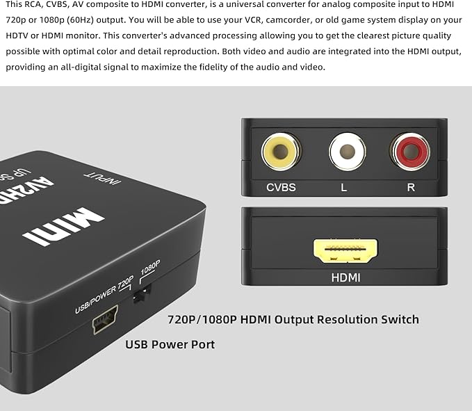 Kirzi AV to HDMI Converter, RCA to HDMI Converter, 1080P Mini RCA Composite - Image 3