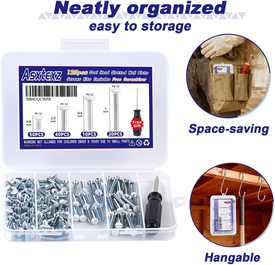 120PCS Wall Plate Screws White, Outlet Cover Screws for Switch Plate, 6/32 Electrical Outlet Screws for Light Switch Plates,Electrical Panel, 4 Sizes (3/8",1/2",3/4",1") Screws Kit w/Free Screwdriver