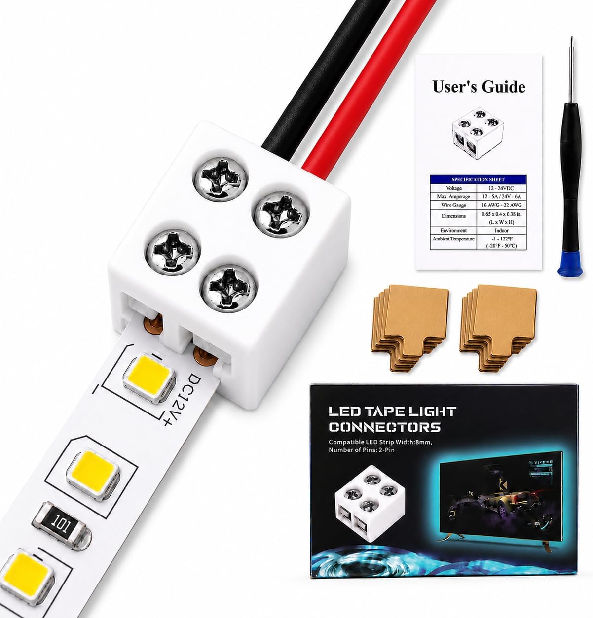 25 Pack 2 Pin 8mm LED Strip Connectors, Solderless Screw Terminal LED Light Strip Connectors with Adhesive Pads, Wire to Strip Connector for 5V 12V 24V