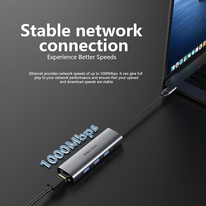 DIKEQINN USB 3.0 Hub with Gigabit Ethernet, 3-Port USB-A 5Gbps + USB-C Power - Image 3