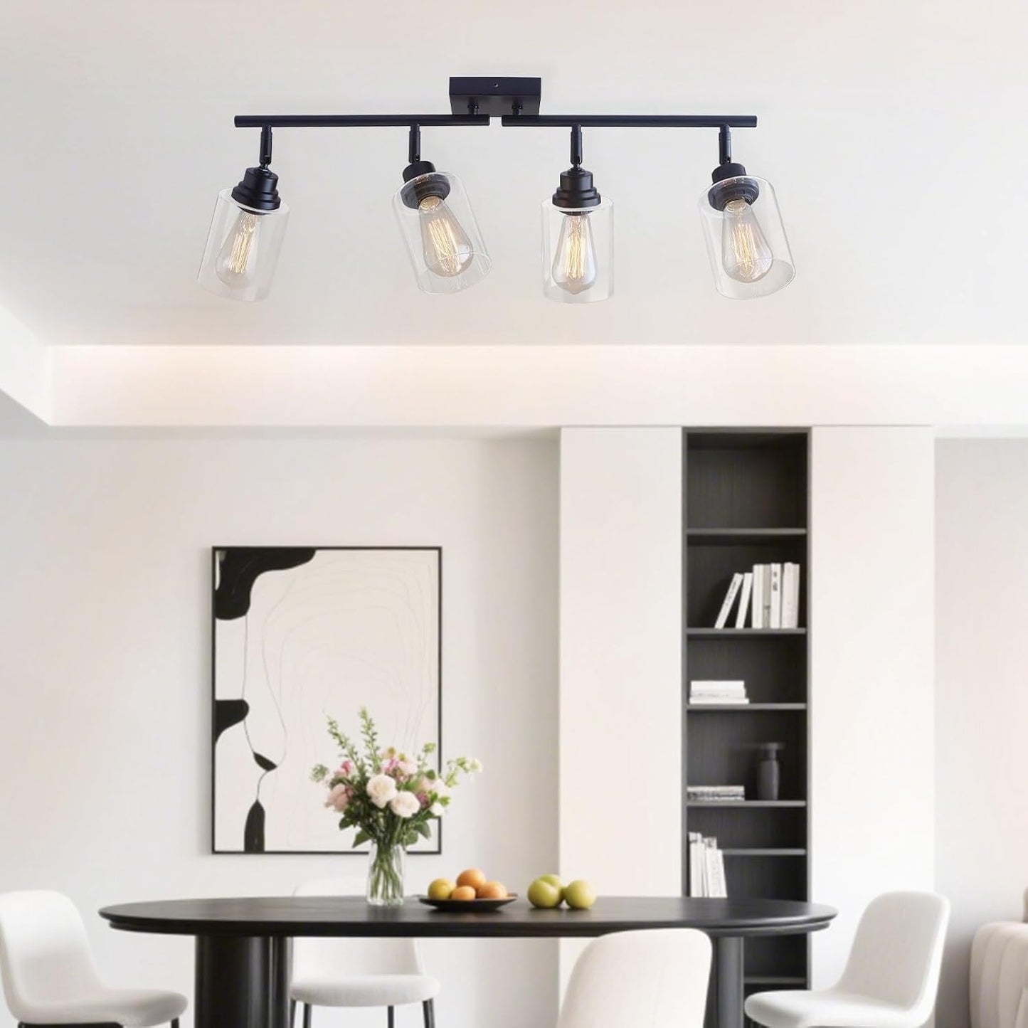 4-Light Black Ceiling Track Lighting E26 Clear Glass Light Fixture | Black metal 4 adjustable heads, clear glass semi flush mount E26 track light for kitchen, bathroom, living room