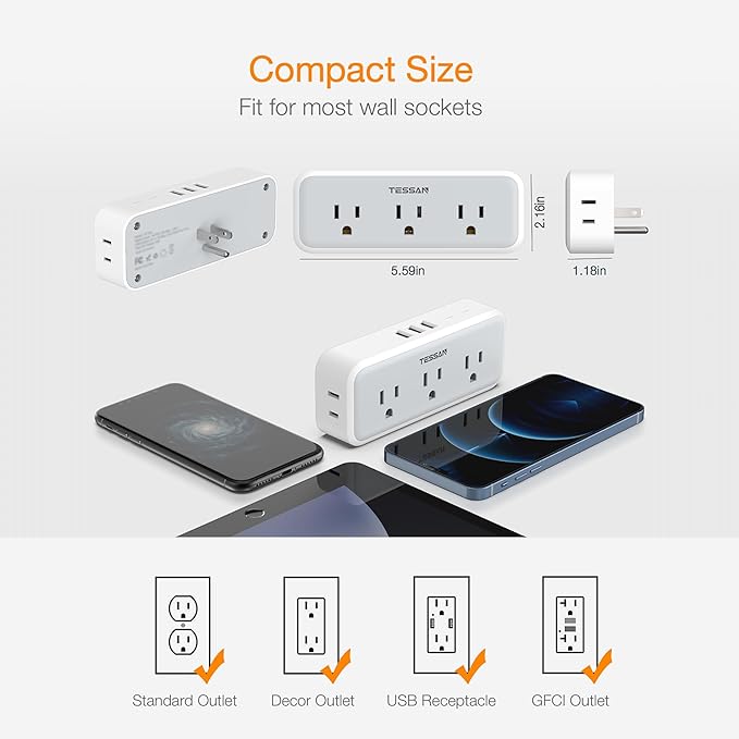 Multi Plug Outlet Splitter, TESSAN Wall Surge Protector 5 Outlet Extender 3 USB - Image 4