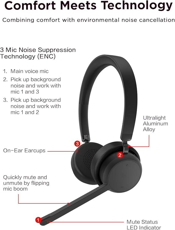 Lenovo Wireless Stereo Headset, Noise Cancelling Mic, 31-Hour Talk & 60-Hour - Image 6