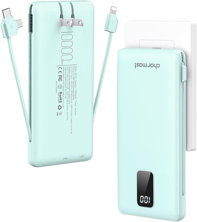 charmast Portable Charger with Built-in Cables and Plug, 10000mAh USB C Power by Charmast