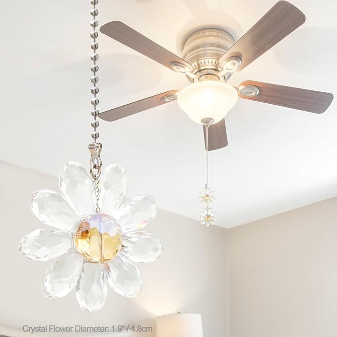 LEFERS Ceiling Fan Pull Chain, 2 Pieces 1.8" Crystal Glass Flower Pendants - Image 3