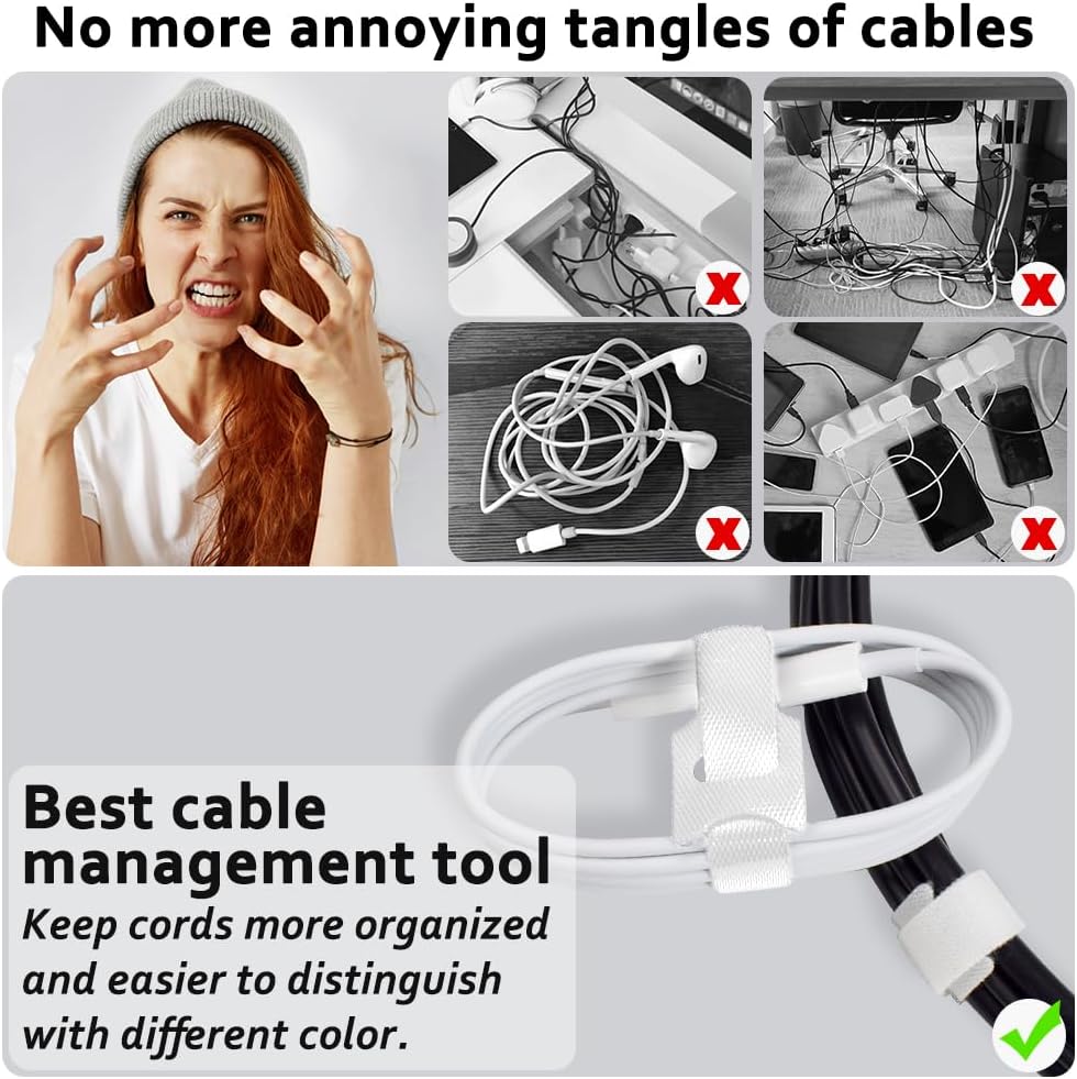 80pcs 8 Inch Cable Ties Reusable White Hook and Loop Cord Ties for Cable Management Adjustable Cord Organizer Straps for Electronics