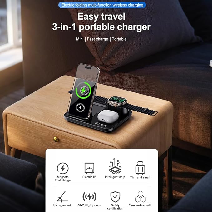 IHAO 3in1 Auto-Rising Wireless Charging Station 15W Fast Charge Ultra-Slim - Image 4