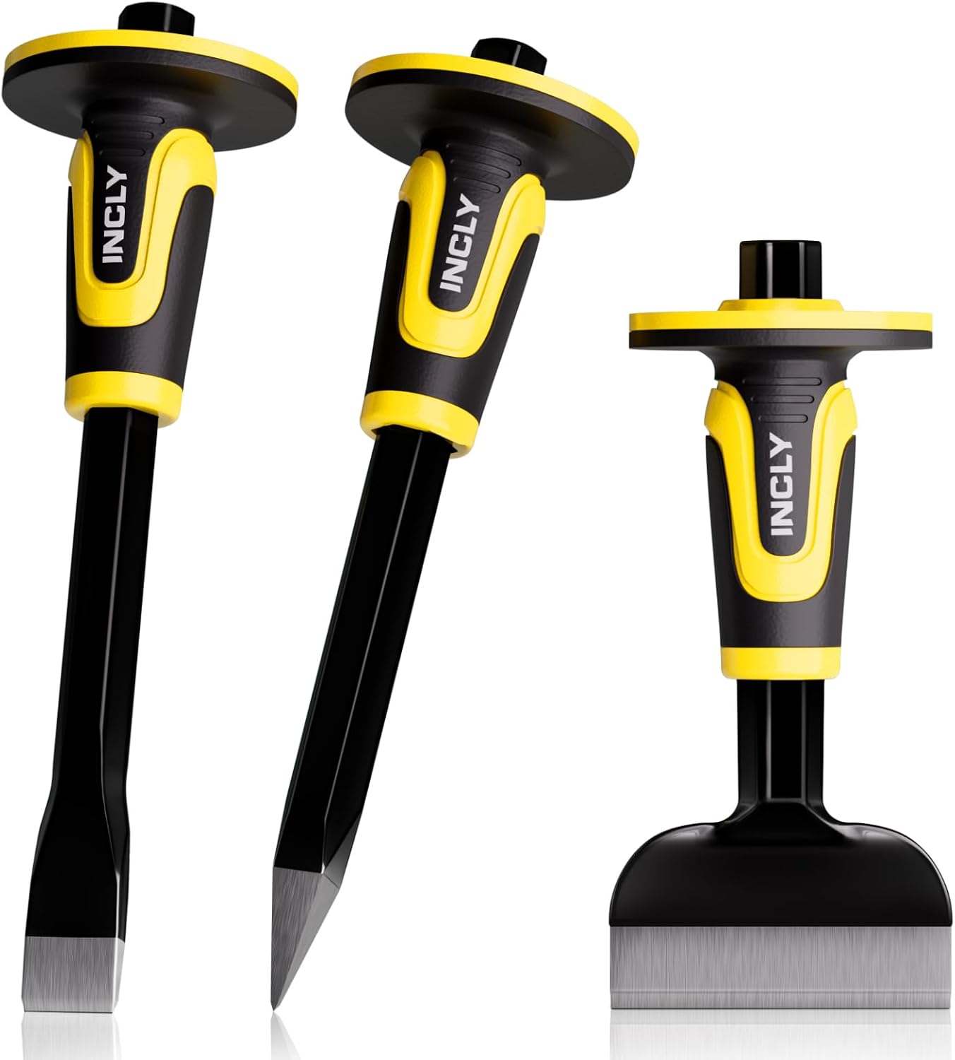 INCLY 3PCS Masonry Chisel Set with Hand Guard, Stone and Rock Chisel | Heavy Duty Concrete Chisel Tools, Including 11 Inch Point & Flat Chisel, 8 Inch Brick Chisels for Breaking Splitting Cutting