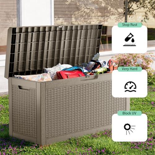 70gal outdoor storage box waterproof lockable deck box showing dimensions
