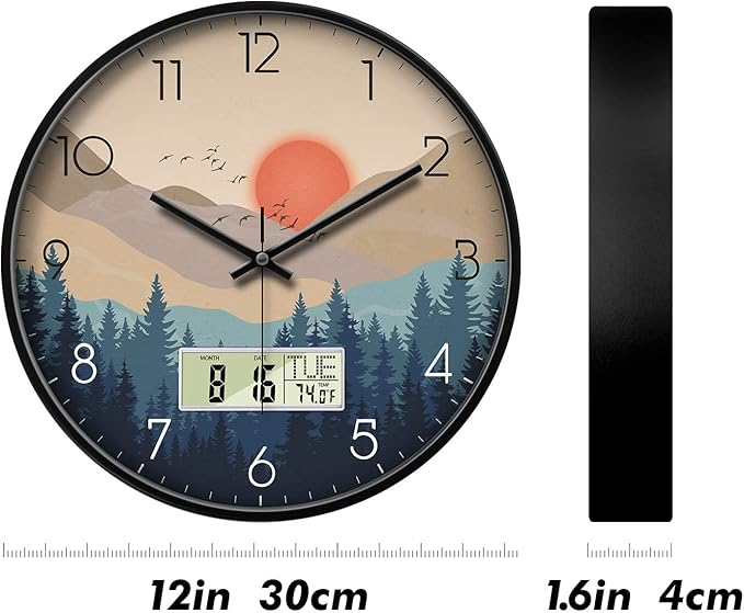 Silent Wall Clock with Day Week Temperature Wilderness with Sunset Non-ticking - Image 9