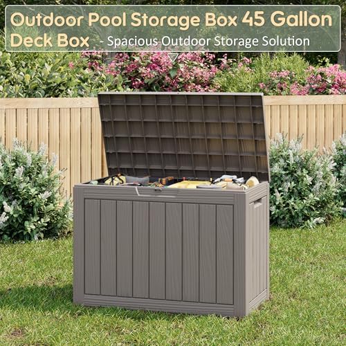 nunu lab 45 gal deck box, outdoor storage shown in use