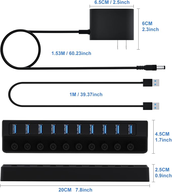 ONFINIO Powered USB Hub 3.0, 10-Port USB Splitter Hub - Image 6