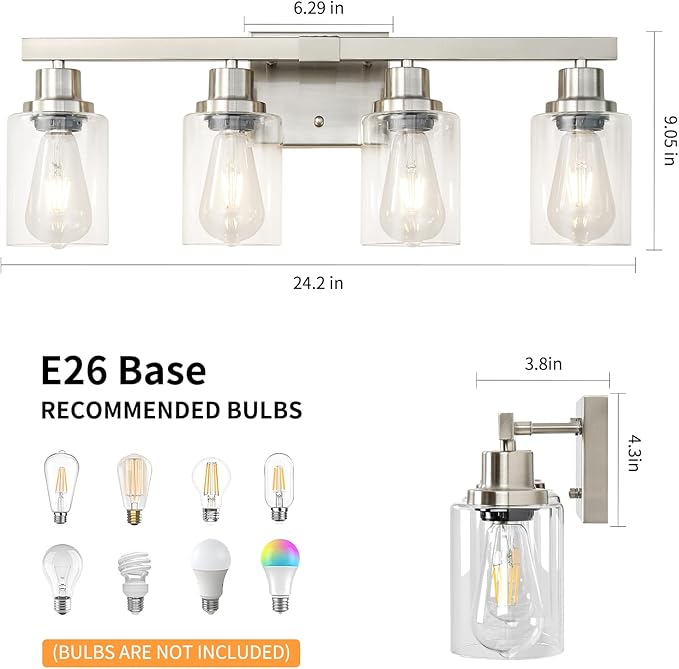 DIKAIDA Bathroom Vanity Light, 4-Light Nickel Modern Matte Wall Sconce Lighting - Image 4