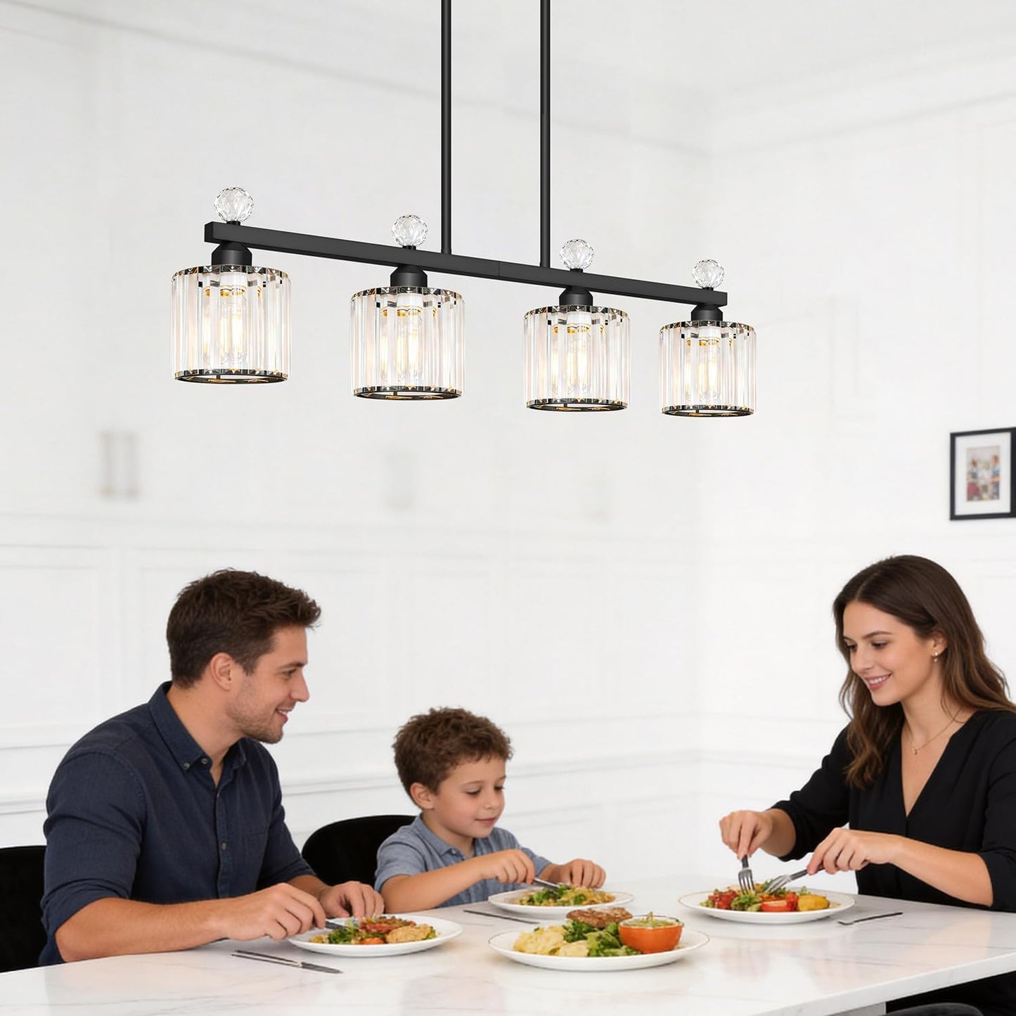 32" Crystal Island Light for Kitchen, 4-Light Black Linear Pendant Light | Linear Chandelier over Kitchen Island, Modern Ceiling Hanging Chandelier for Dining Room. Adjustable Height, E26