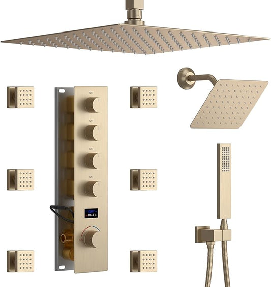 KATAIS Shower Faucet Set Brushed Gold Shower System, Temperature Display Shower by KATAIS