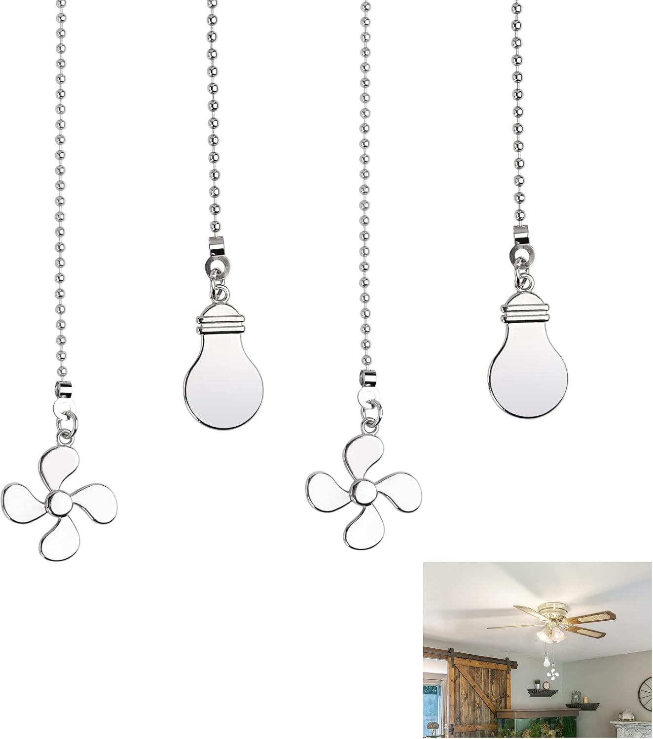 4PCS Ceiling Fan Pull Chain Extender, 14" Ceiling Fan Chain Extra Long with 4 Leaf Light Bulb, Fans Chains Extensions with Ball Chain-connector, Lighting Beaded Ball Chains Pendant Decoration(Silver)