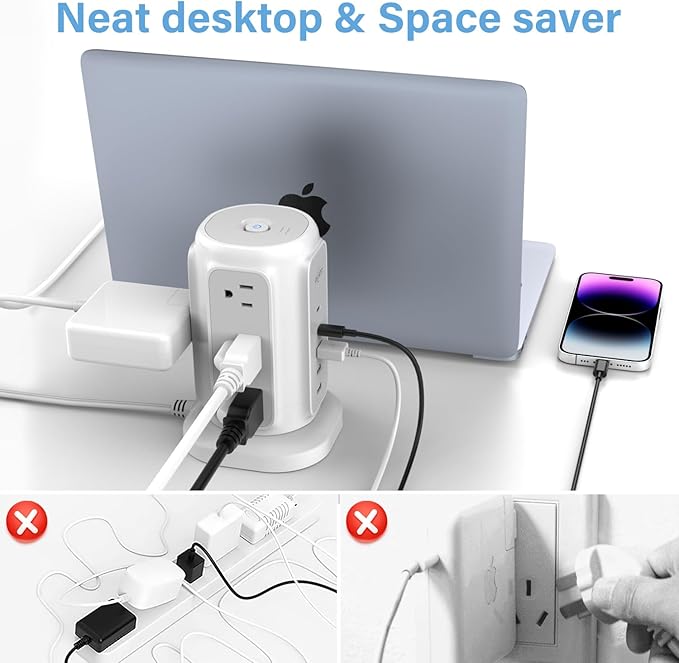 AiJoy Flat Plug Power Strip Tower 9 Outlets and 5 USB Ports, 1200J Surge - Image 5