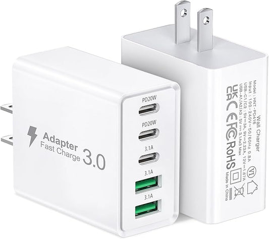 2Pack USB C Fast Charger Block, 60W 5-Port USB Wall Charger Brick, 2 USB A & 3 by Qwinjwin