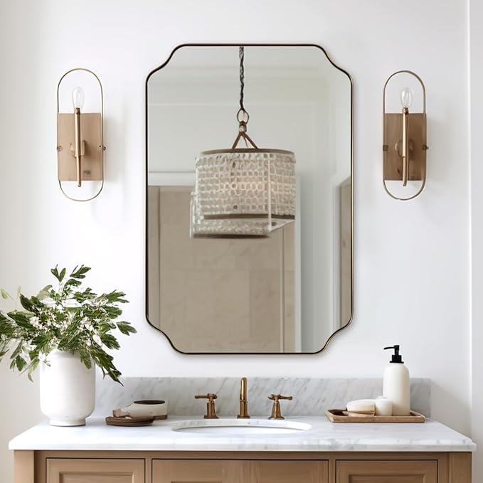 ANDY STAR 24"x36" Gold Mirror, Brushed Brass Scalloped Wall Mirror, Bathroom by ANDYSTAR